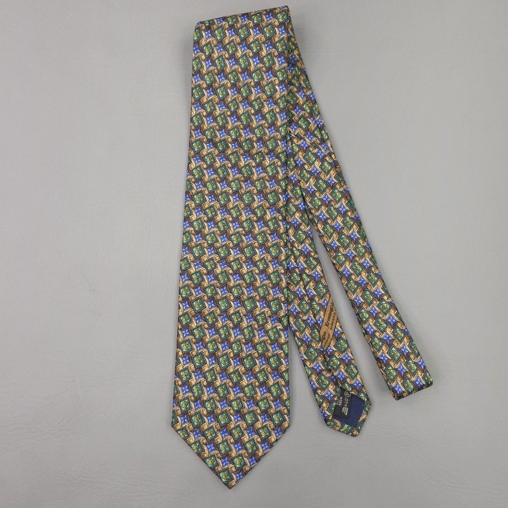 Ermenegildo Zegna Tie Mens One Size Blue Gold Green Geometric‎ Silk Made Italy
